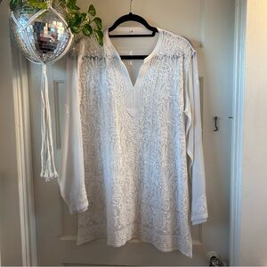 White Sheer Embroidered V-Neck Tunic